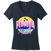 Retro Florida Man Miama Skyline with Fighter Jets Women's V-Neck T-Shirt