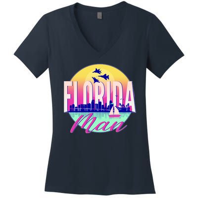 Retro Florida Man Miama Skyline with Fighter Jets Women's V-Neck T-Shirt