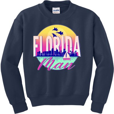 Retro Florida Man Miama Skyline with Fighter Jets Kids Sweatshirt