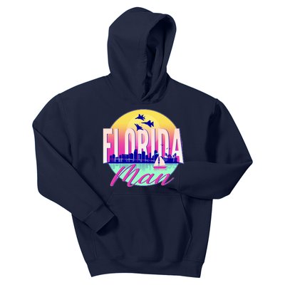 Retro Florida Man Miama Skyline with Fighter Jets Kids Hoodie