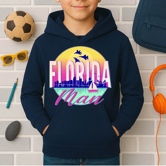 Retro Florida Man Miama Skyline with Fighter Jets Kids Hoodie