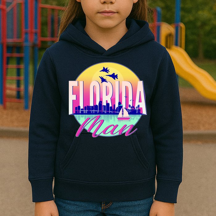 Retro Florida Man Miama Skyline with Fighter Jets Kids Hoodie
