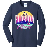 Retro Florida Man Miama Skyline with Fighter Jets Kids Long Sleeve Shirt