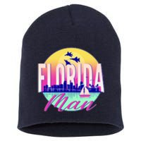 Retro Florida Man Miama Skyline with Fighter Jets Short Acrylic Beanie