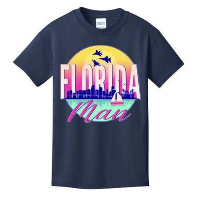 Retro Florida Man Miama Skyline with Fighter Jets Kids T-Shirt