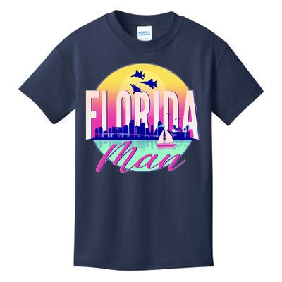 Retro Florida Man Miama Skyline with Fighter Jets Kids T-Shirt