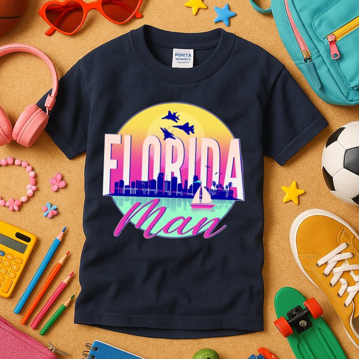 Retro Florida Man Miama Skyline with Fighter Jets Kids T-Shirt