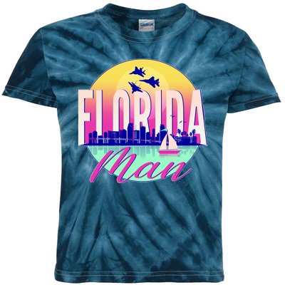 Retro Florida Man Miama Skyline with Fighter Jets Kids Tie-Dye T-Shirt