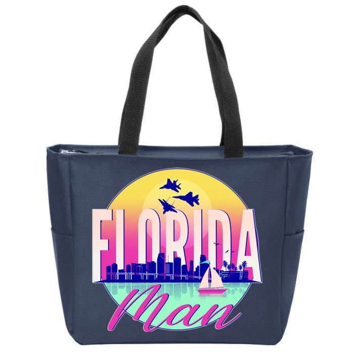 Retro Florida Man Miama Skyline with Fighter Jets Zip Tote Bag