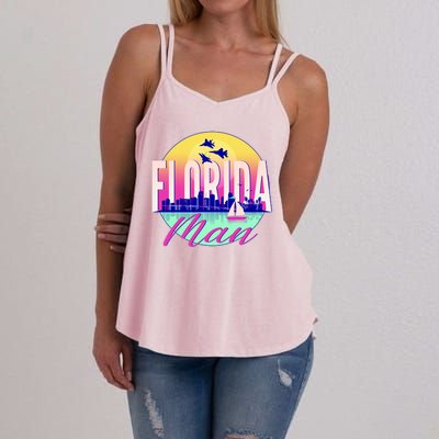 Retro Florida Man Miama Skyline with Fighter Jets Women's Strappy Tank