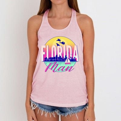 Retro Florida Man Miama Skyline with Fighter Jets Women's Knotted Racerback Tank