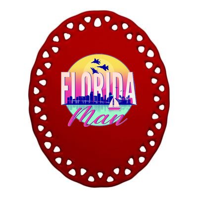 Retro Florida Man Miama Skyline with Fighter Jets Ceramic Oval Ornament