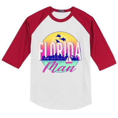 Retro Florida Man Miama Skyline with Fighter Jets Kids Colorblock Raglan Jersey