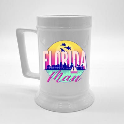 Retro Florida Man Miama Skyline with Fighter Jets Beer Stein