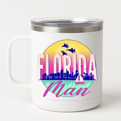 Retro Florida Man Miama Skyline with Fighter Jets 12 oz Stainless Steel Tumbler Cup