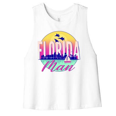 Retro Florida Man Miama Skyline with Fighter Jets Women's Racerback Cropped Tank