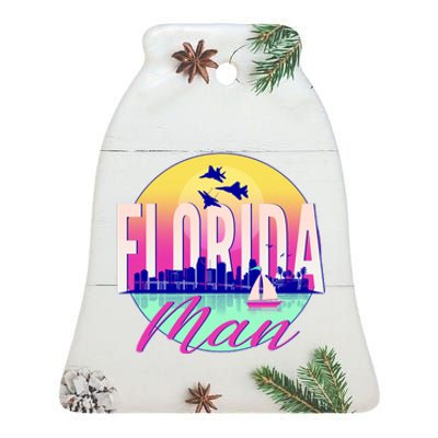 Retro Florida Man Miama Skyline with Fighter Jets Ceramic Bell Ornament