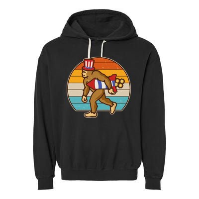 Retro Fourth 4th of July Firecracker Rocket Bigfoot Garment-Dyed Fleece Hoodie