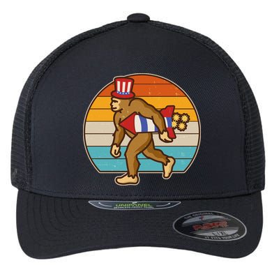 Retro Fourth 4th of July Firecracker Rocket Bigfoot Flexfit Unipanel Trucker Cap