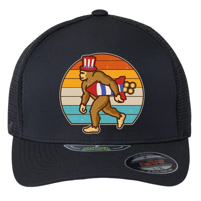Retro Fourth 4th of July Firecracker Rocket Bigfoot Flexfit Unipanel Trucker Cap