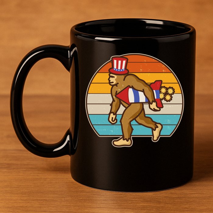 Retro Fourth 4th of July Firecracker Rocket Bigfoot 11oz C Handle Ceramic Mug