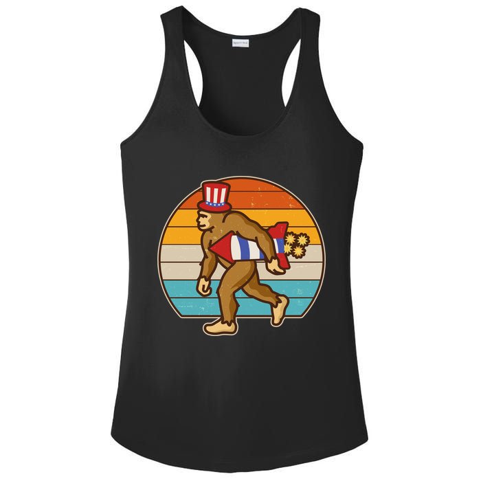 Retro Fourth 4th of July Firecracker Rocket Bigfoot Ladies PosiCharge Competitor Racerback Tank