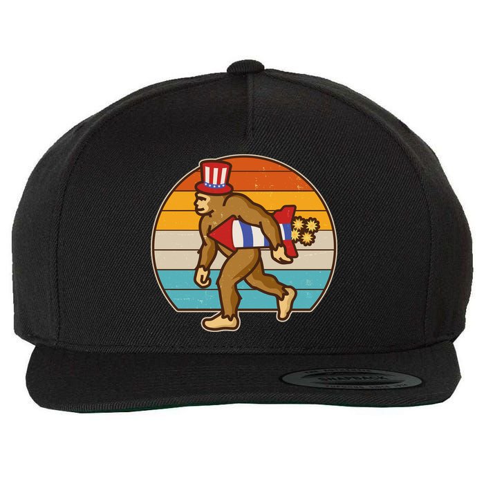 Retro Fourth 4th of July Firecracker Rocket Bigfoot Wool Snapback Cap