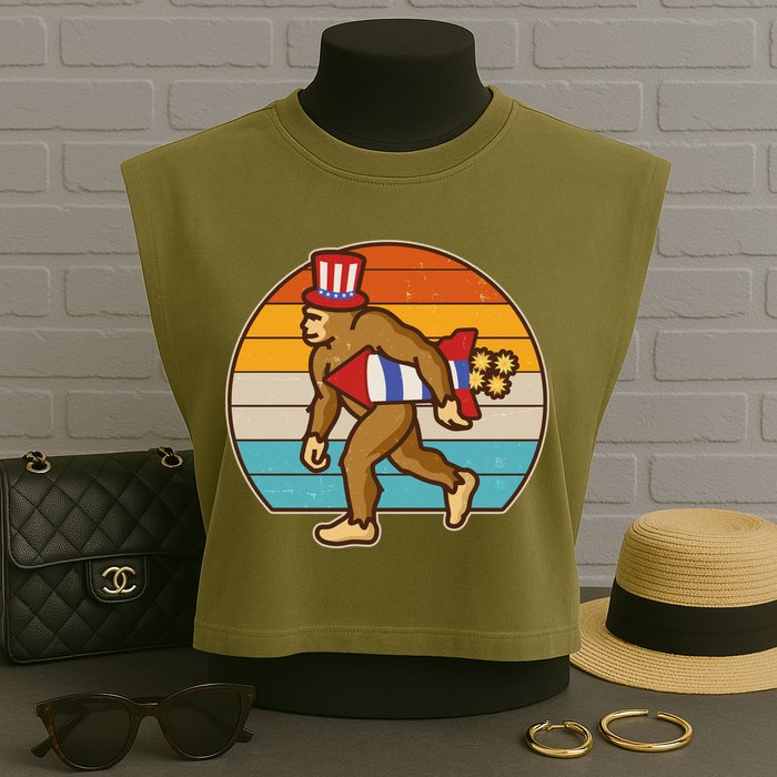 Retro Fourth 4th of July Firecracker Rocket Bigfoot Garment-Dyed Women's Muscle Tee