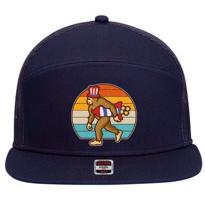 Retro Fourth 4th of July Firecracker Rocket Bigfoot 7 Panel Mesh Trucker Snapback Hat
