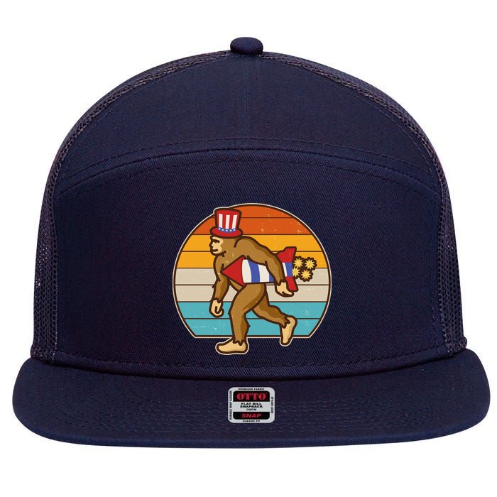 Retro Fourth 4th of July Firecracker Rocket Bigfoot 7 Panel Mesh Trucker Snapback Hat