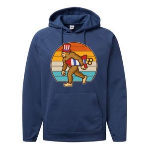 Retro Fourth 4th of July Firecracker Rocket Bigfoot Performance Fleece Hoodie