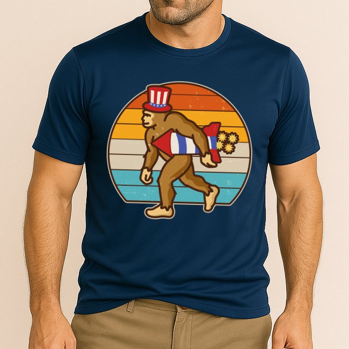 Retro Fourth 4th of July Firecracker Rocket Bigfoot Performance Shirt
