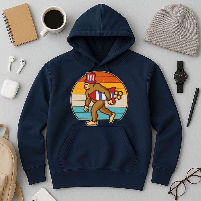 Retro Fourth 4th of July Firecracker Rocket Bigfoot Hoodie