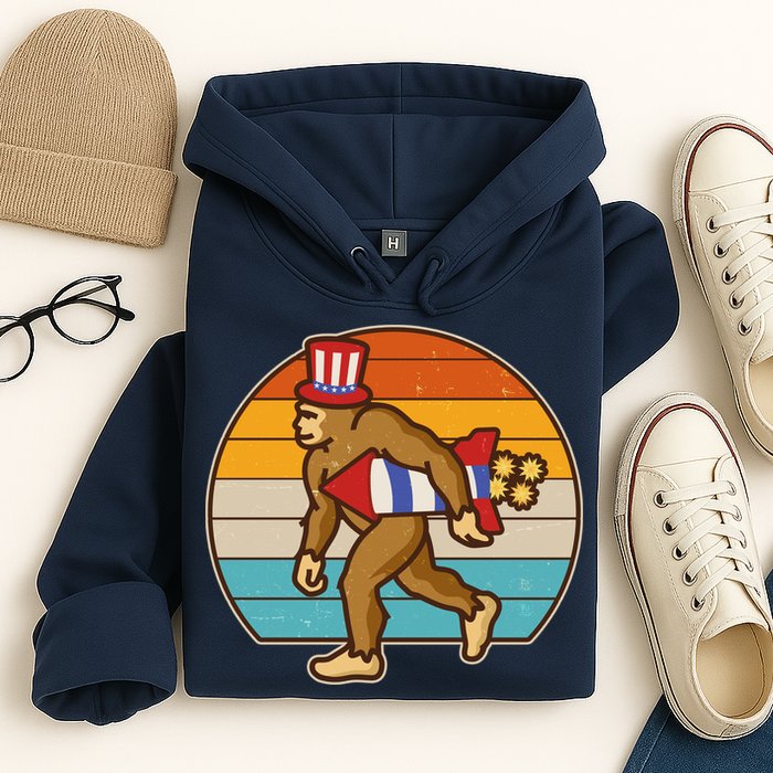 Retro Fourth 4th of July Firecracker Rocket Bigfoot Hoodie