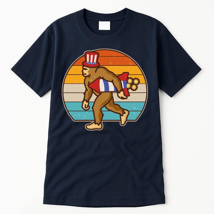 Retro Fourth 4th of July Firecracker Rocket Bigfoot Tall T-Shirt