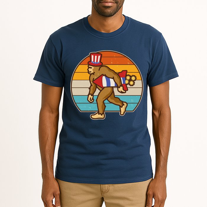 Retro Fourth 4th of July Firecracker Rocket Bigfoot Tall T-Shirt