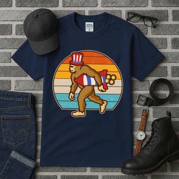 Retro Fourth 4th of July Firecracker Rocket Bigfoot Tall T-Shirt
