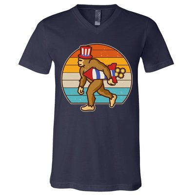 Retro Fourth 4th of July Firecracker Rocket Bigfoot V-Neck T-Shirt