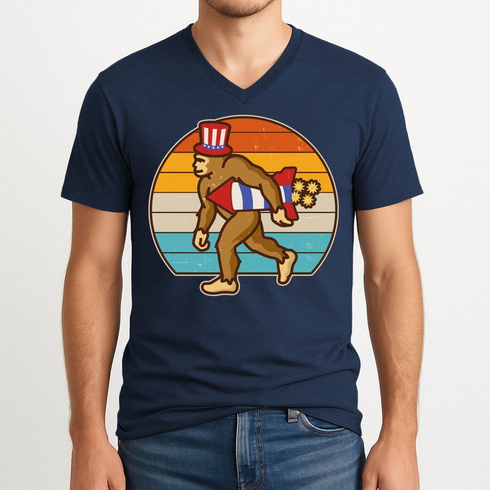 Retro Fourth 4th of July Firecracker Rocket Bigfoot V-Neck T-Shirt