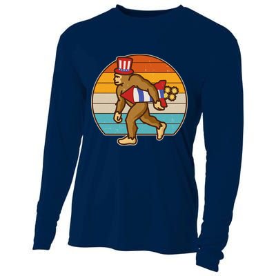 Retro Fourth 4th of July Firecracker Rocket Bigfoot Cooling Performance Long Sleeve Crew