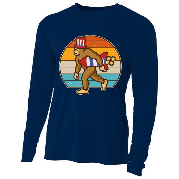 Retro Fourth 4th of July Firecracker Rocket Bigfoot Cooling Performance Long Sleeve Crew