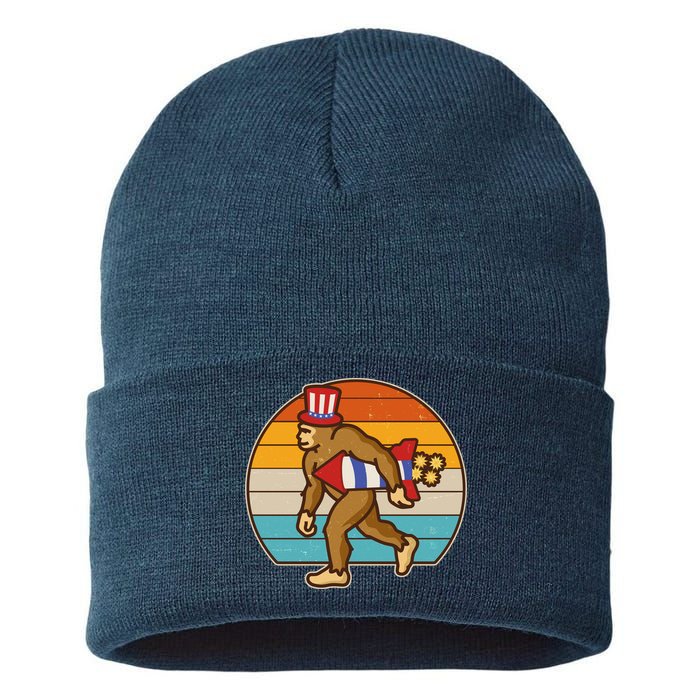 Retro Fourth 4th of July Firecracker Rocket Bigfoot Sustainable Knit Beanie