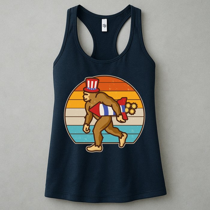 Retro Fourth 4th of July Firecracker Rocket Bigfoot Womens Tank Top