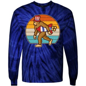 Retro Fourth 4th of July Firecracker Rocket Bigfoot Tie-Dye Long Sleeve Shirt