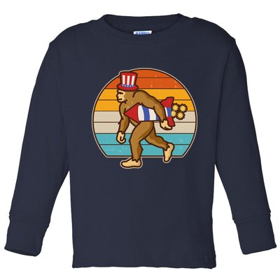 Retro Fourth 4th of July Firecracker Rocket Bigfoot Toddler Long Sleeve Shirt