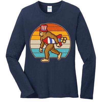 Retro Fourth 4th of July Firecracker Rocket Bigfoot Ladies Long Sleeve Shirt
