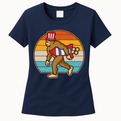 Retro Fourth 4th of July Firecracker Rocket Bigfoot Womens T-Shirt