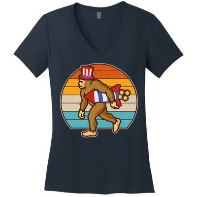 Retro Fourth 4th of July Firecracker Rocket Bigfoot Women's V-Neck T-Shirt