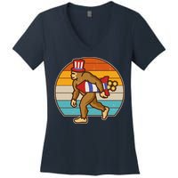 Retro Fourth 4th of July Firecracker Rocket Bigfoot Women's V-Neck T-Shirt