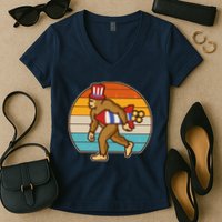 Retro Fourth 4th of July Firecracker Rocket Bigfoot Women's V-Neck T-Shirt